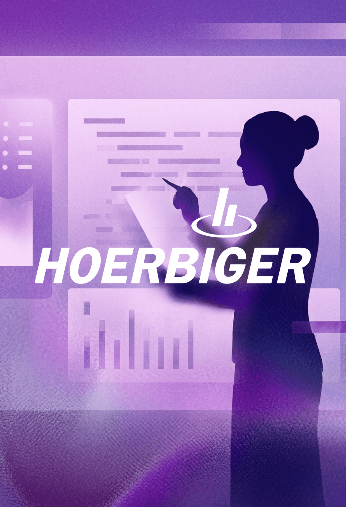 Visual für den HOERBIGER Case mit einer Person vor einem digitalen Dashboard.