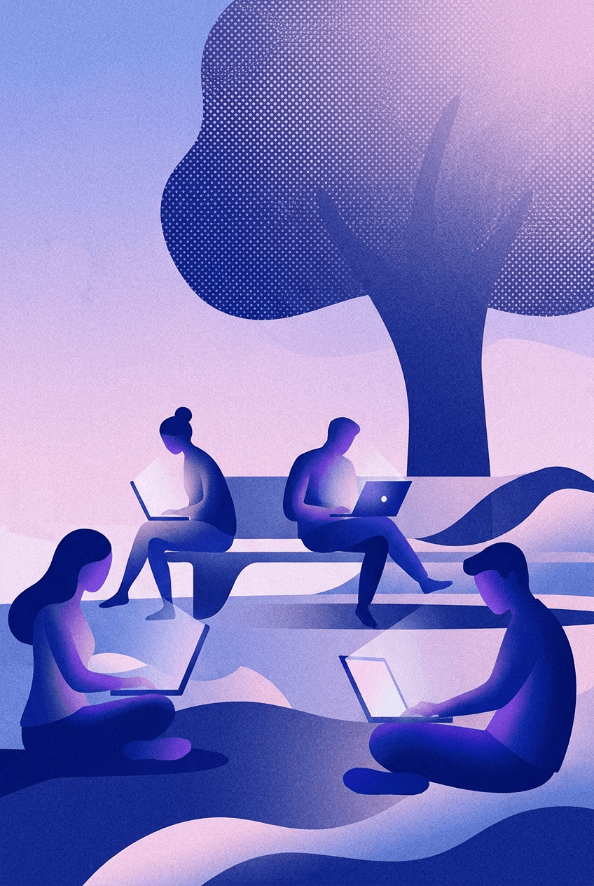 Illustration von Menschen vor grossen digitalen Informationsflaechen.