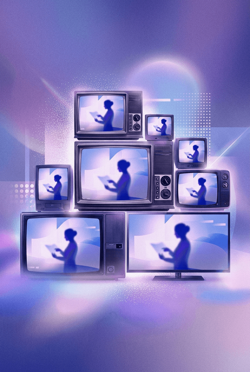 Illustration zweier Personen im Gespraech mit digitalen Sprechblasen.