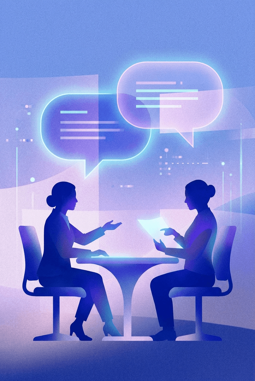 Illustration einer Interviewsituation mit Sprechblasen.