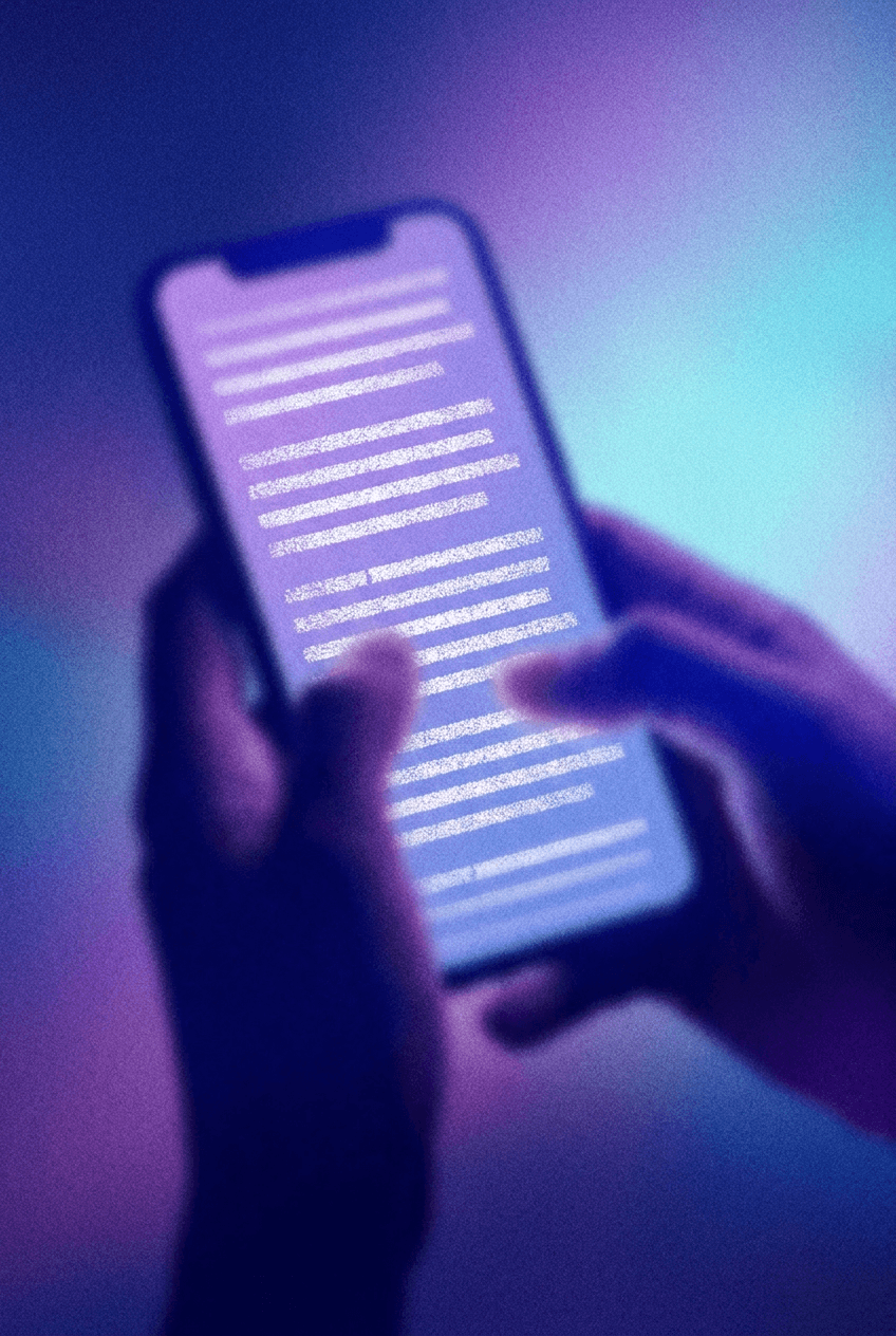 Illustration von Haenden, die einen Text auf einem Smartphone lesen.